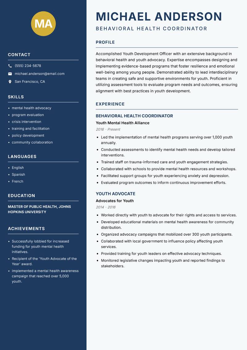 Youth Development Officer resume template — Classic Clean