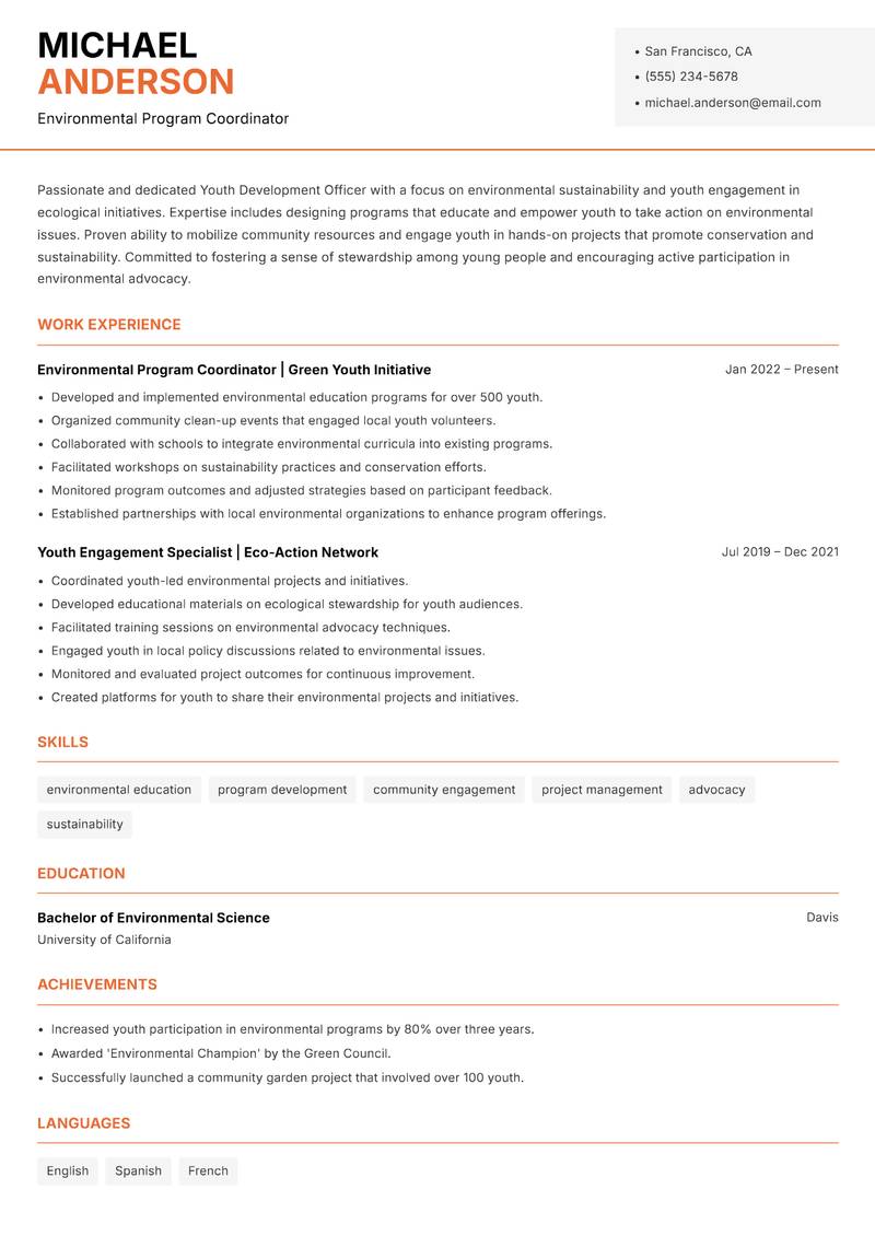 Youth Development Officer resume template — Modern Professional