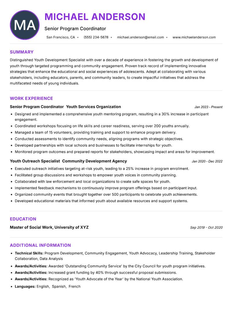 Youth Development Specialist resume example — ATS-friendly template
