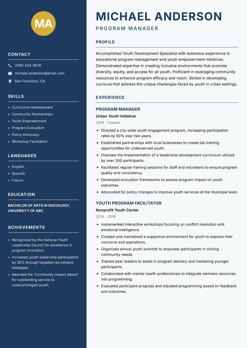 Youth Development Specialist resume template — Classic Clean