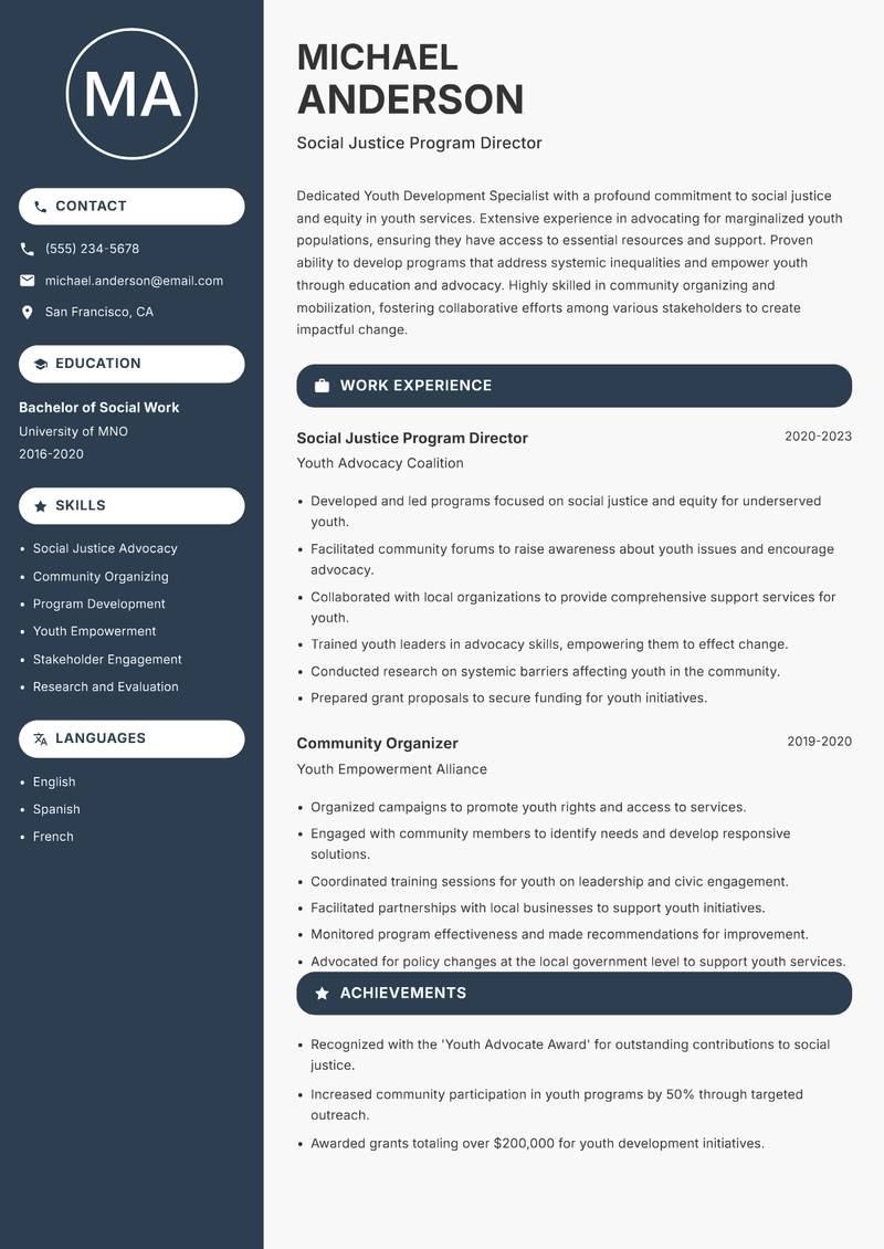 Youth Development Specialist resume template — Compact