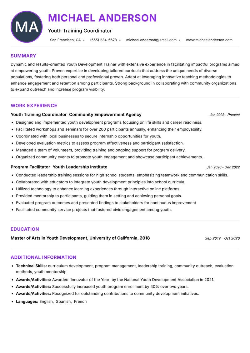 Youth Development Trainer resume example — ATS-friendly template