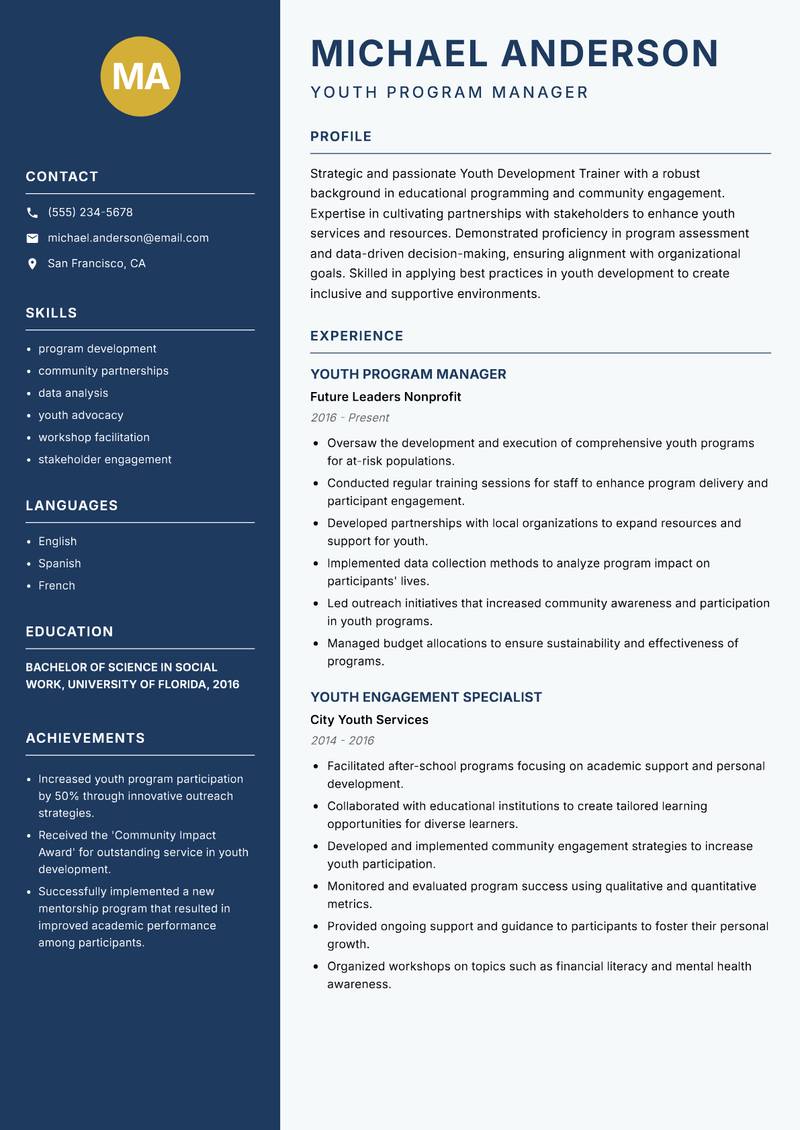 Youth Development Trainer resume template — Classic Clean