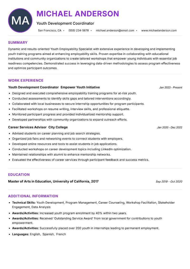 Youth Employability Specialist resume example — ATS-friendly template