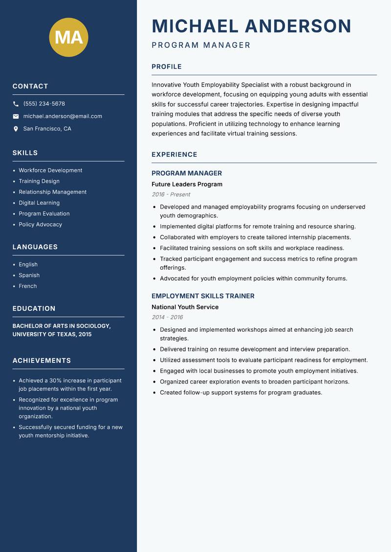 Youth Employability Specialist resume template — Classic Clean