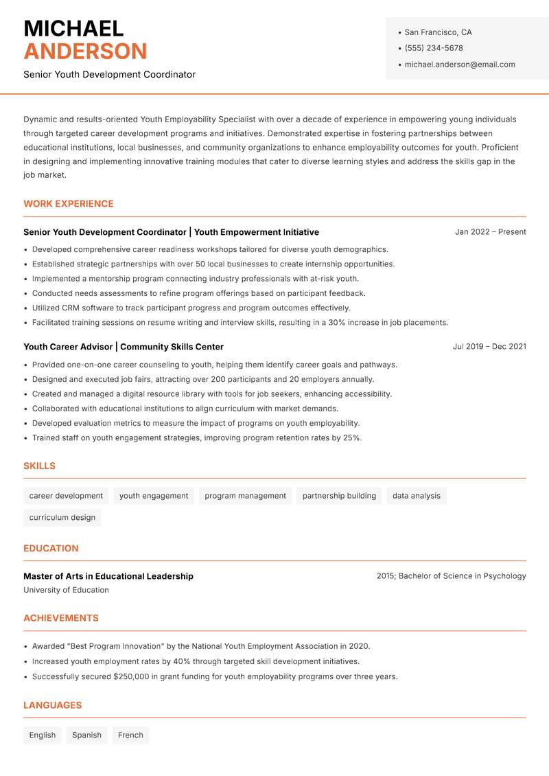 Youth Employability Specialist resume template — Modern Professional