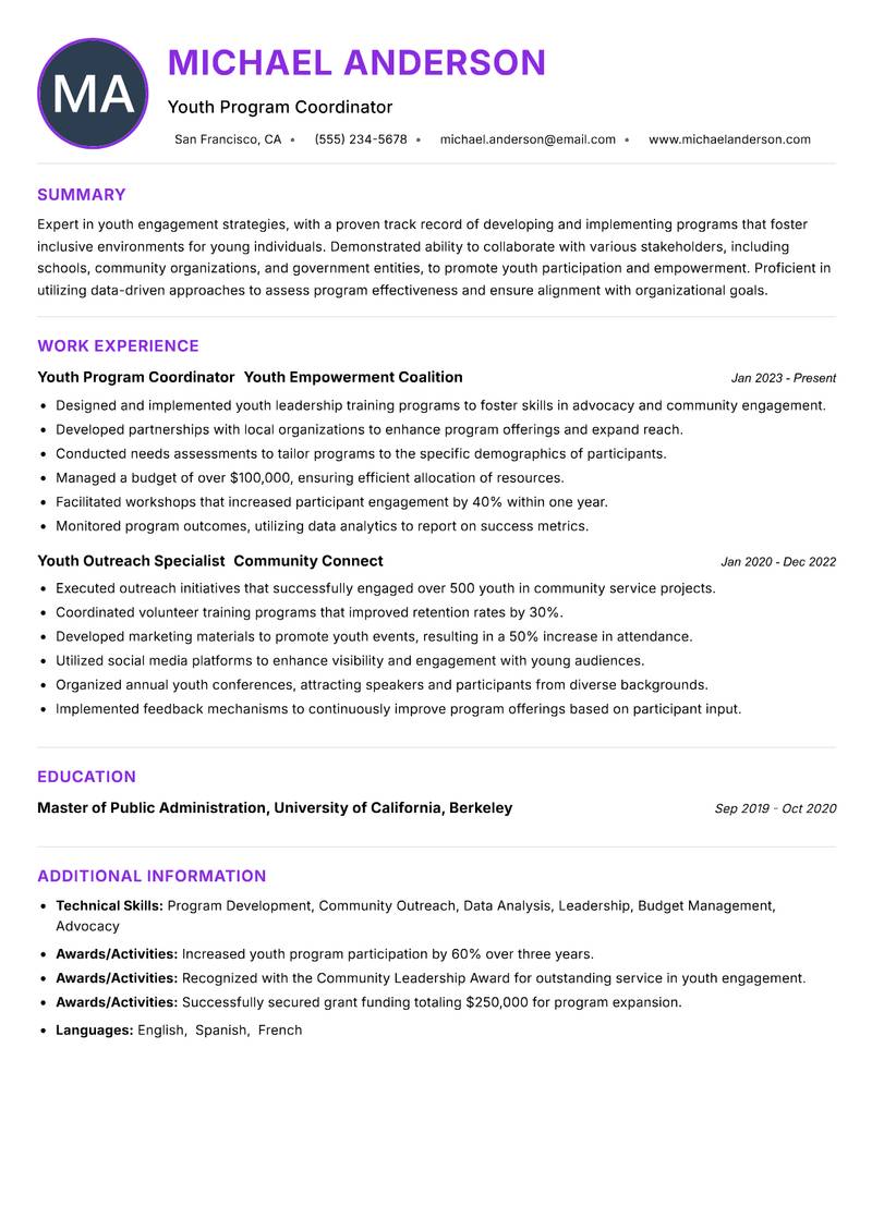 Youth Engagement Specialist resume example — ATS-friendly template