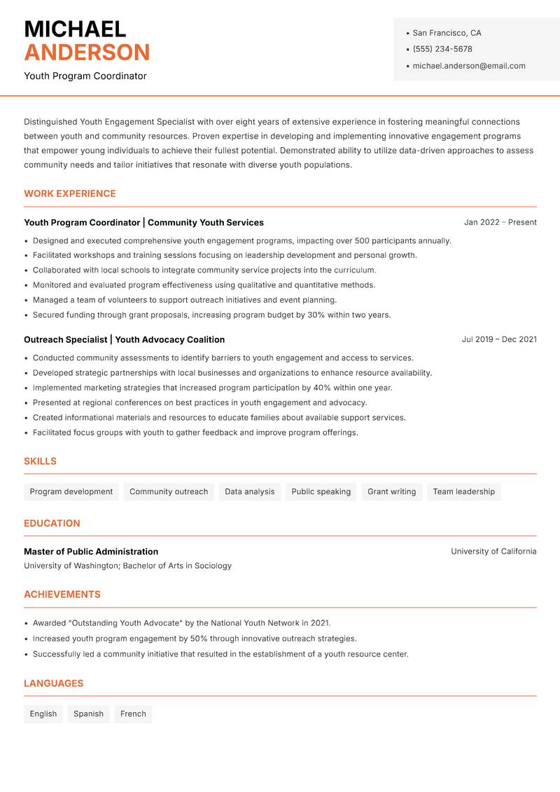 Youth Engagement Specialist resume template — Modern Professional
