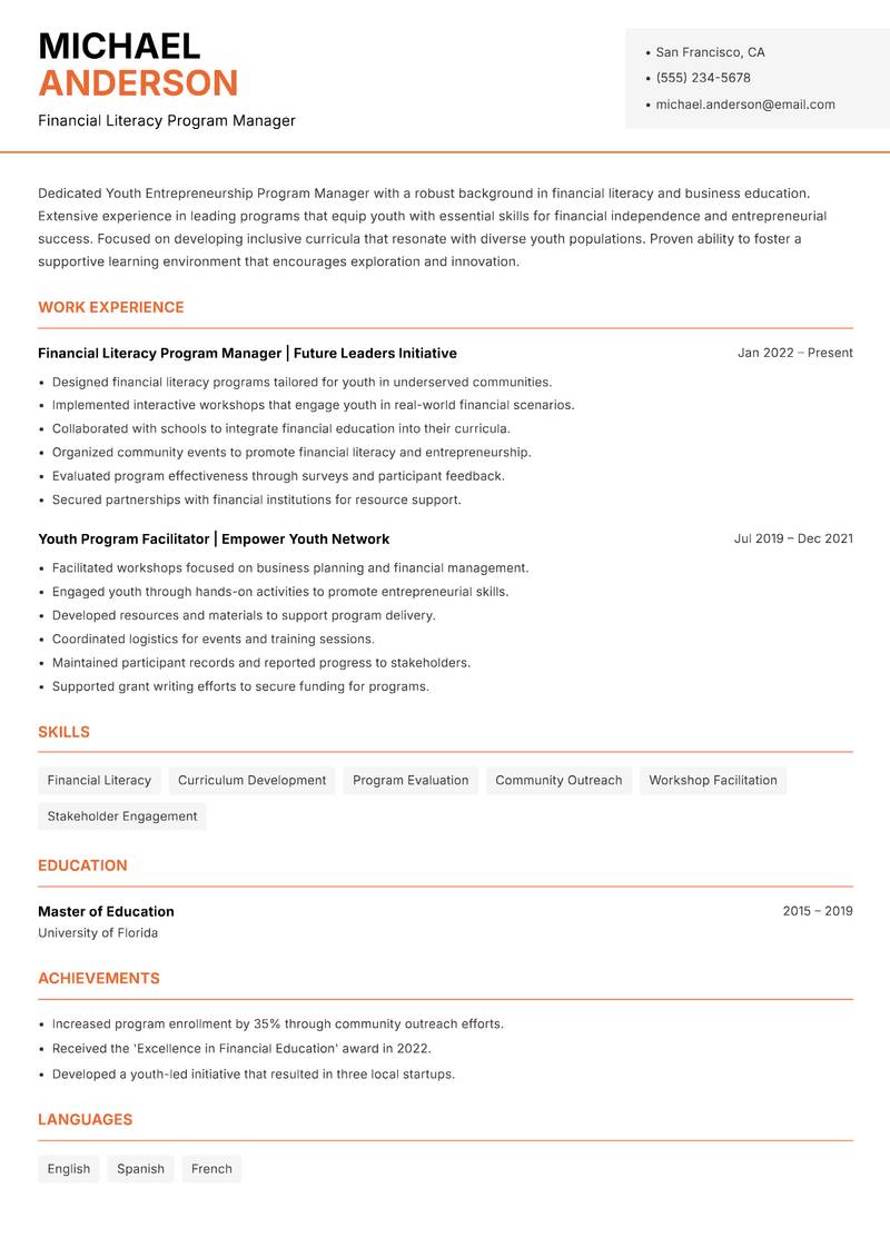 Youth Entrepreneurship Program Manager resume template — Modern Professional