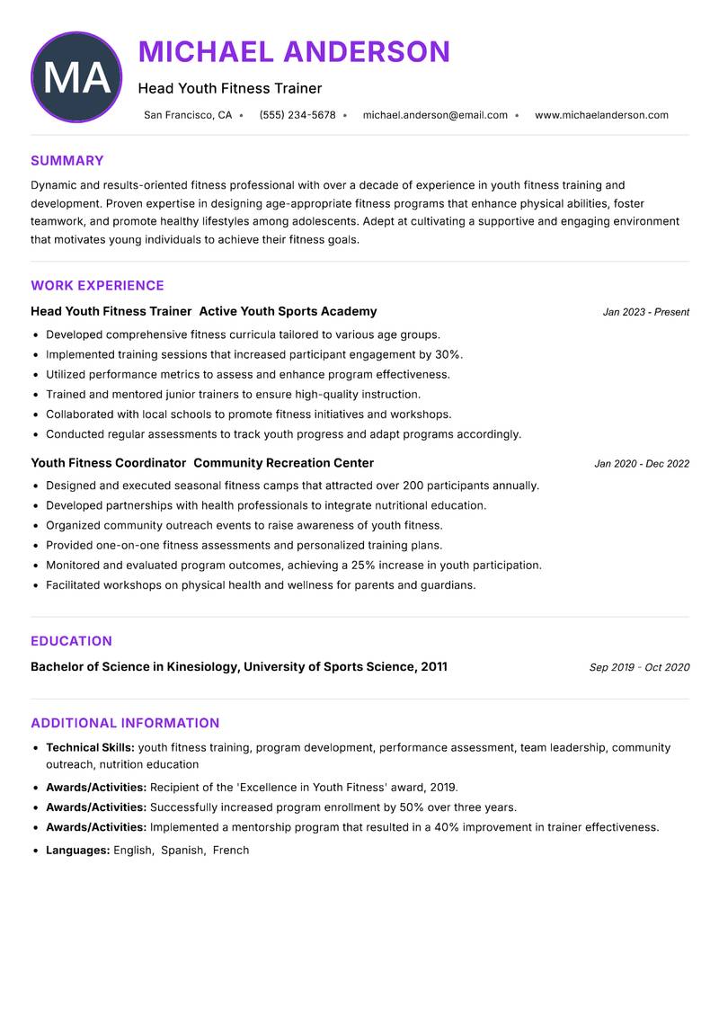 Youth Fitness Trainer resume example — ATS-friendly template