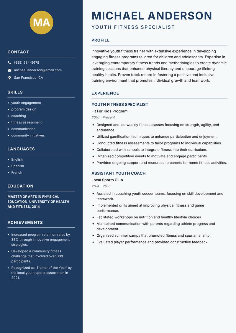 Youth Fitness Trainer resume template — Classic Clean
