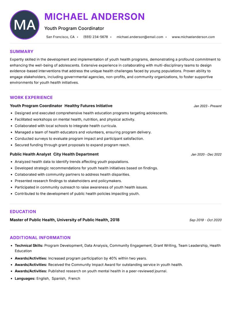 Youth Health Program Officer resume example — ATS-friendly template