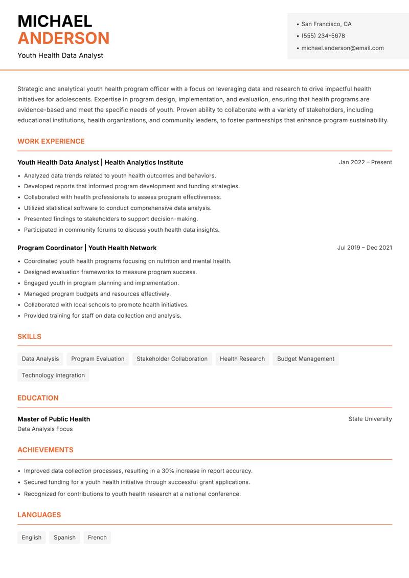 Youth Health Program Officer resume template — Modern Professional