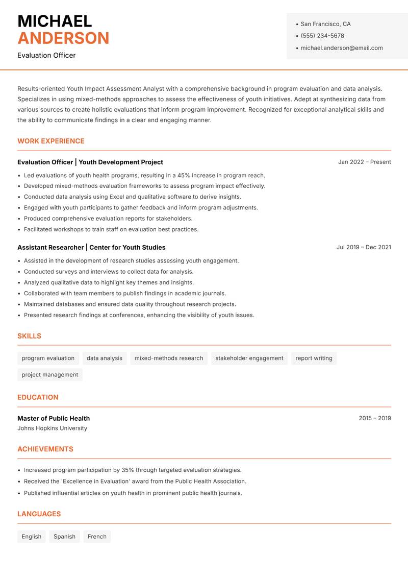 Youth Impact Assessment Analyst resume template — Modern Professional