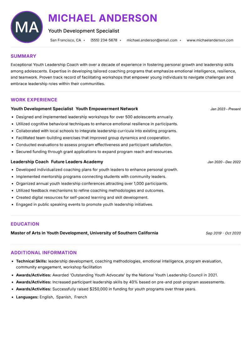 Youth Leadership Coach resume example — ATS-friendly template