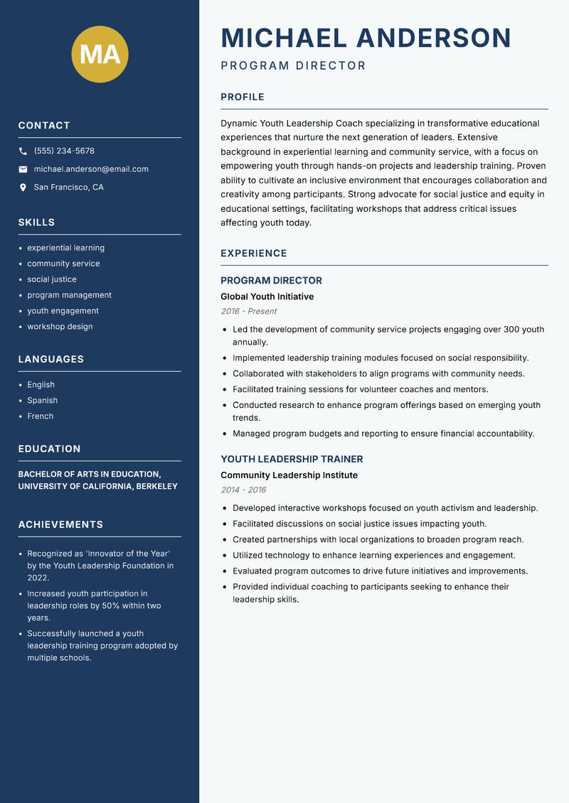 Youth Leadership Coach resume template — Classic Clean