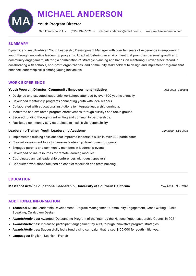Youth Leadership Development Manager resume example — ATS-friendly template