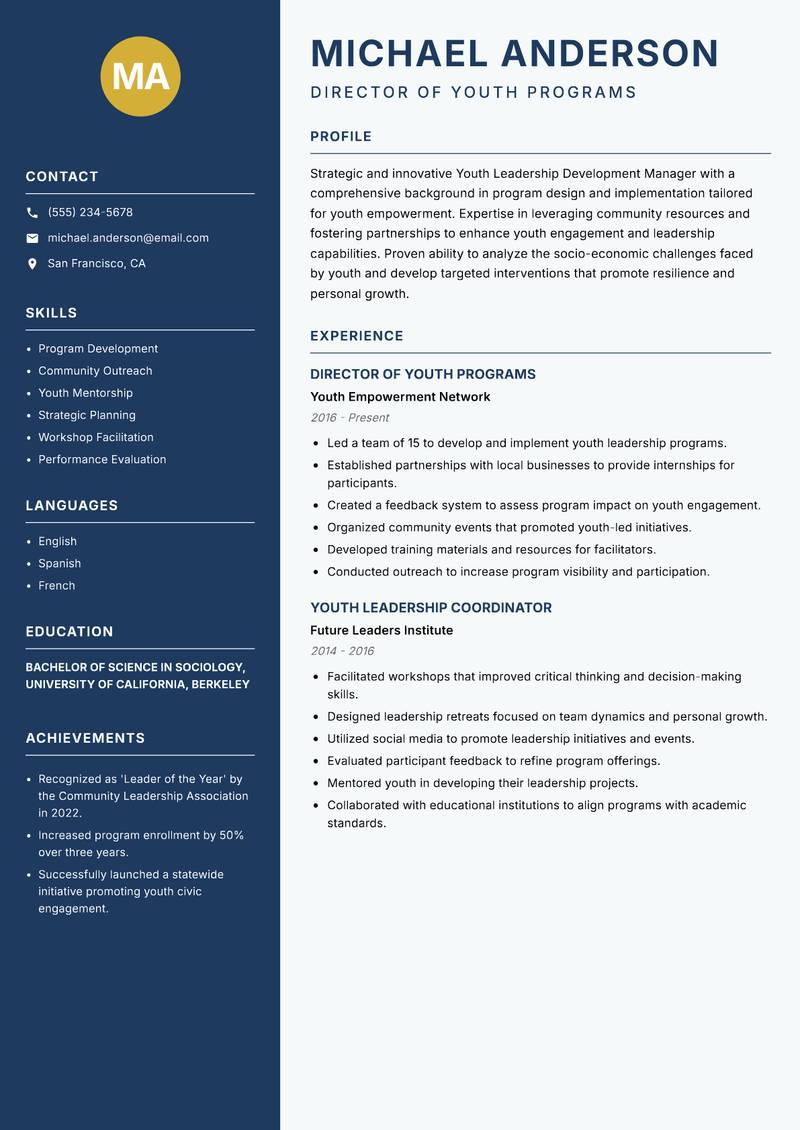 Youth Leadership Development Manager resume template — Classic Clean