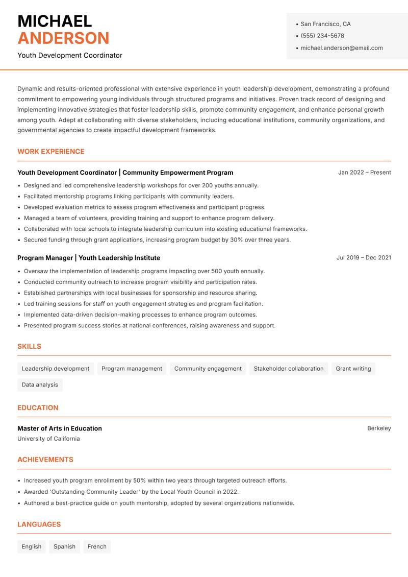 Youth Leadership Development Manager resume template — Modern Professional