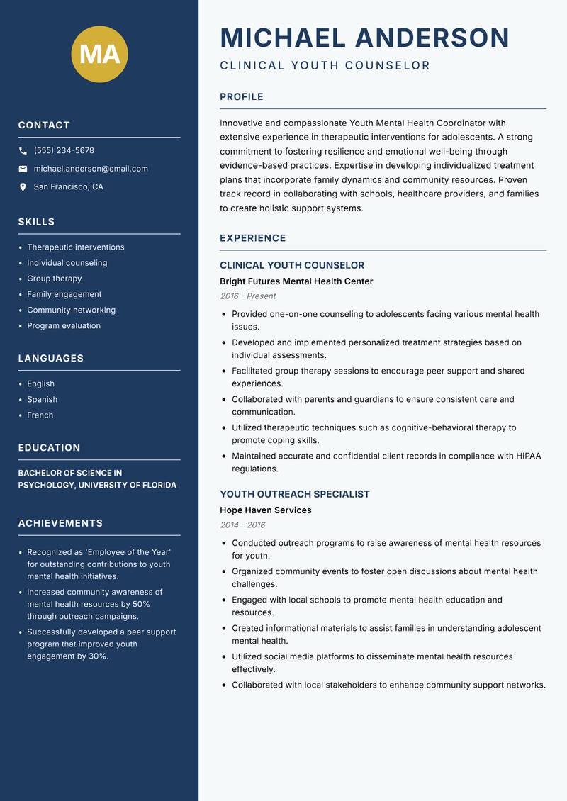 Youth Mental Health Coordinator resume template — Classic Clean