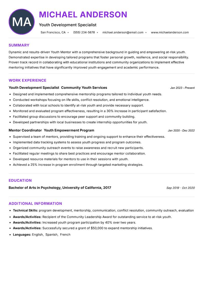 Youth Mentor resume example — ATS-friendly template