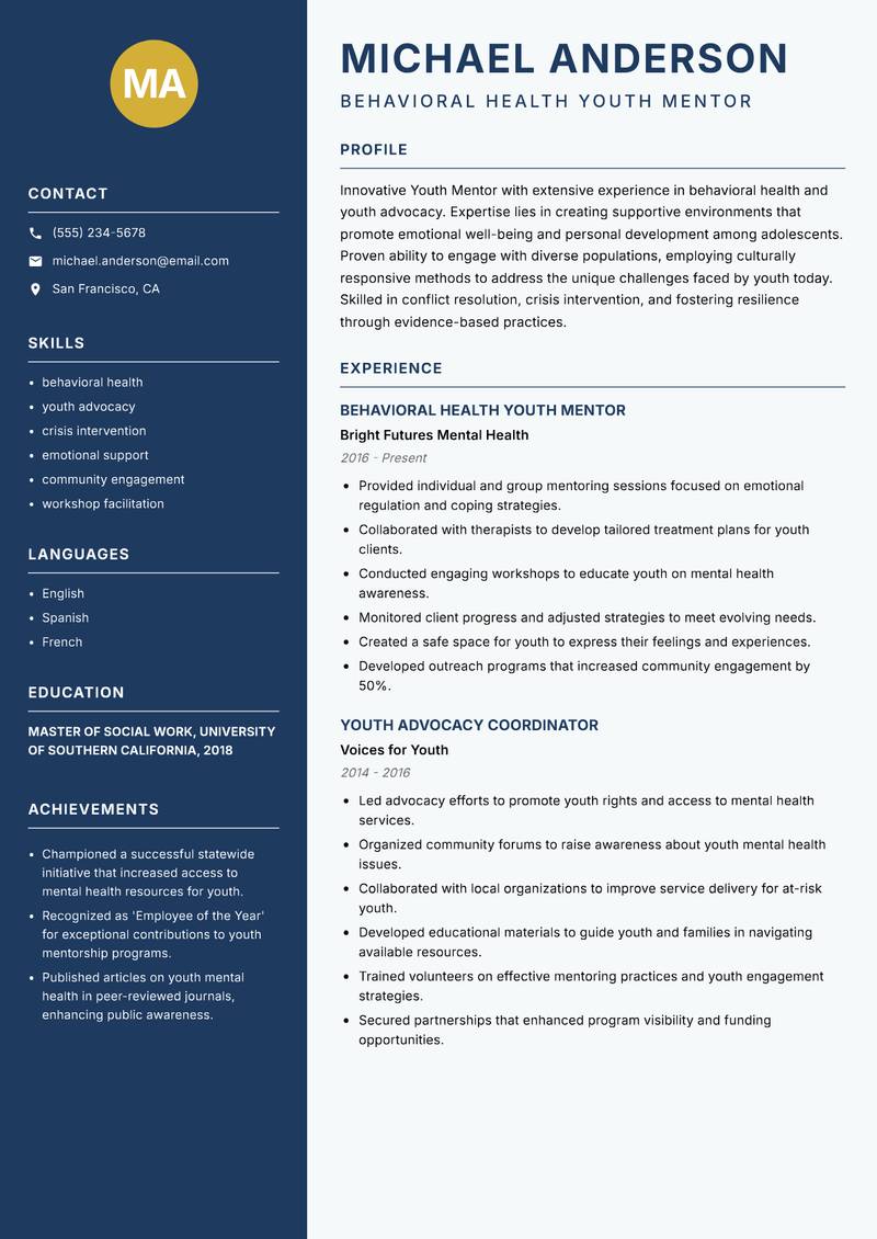 Youth Mentor resume template — Classic Clean
