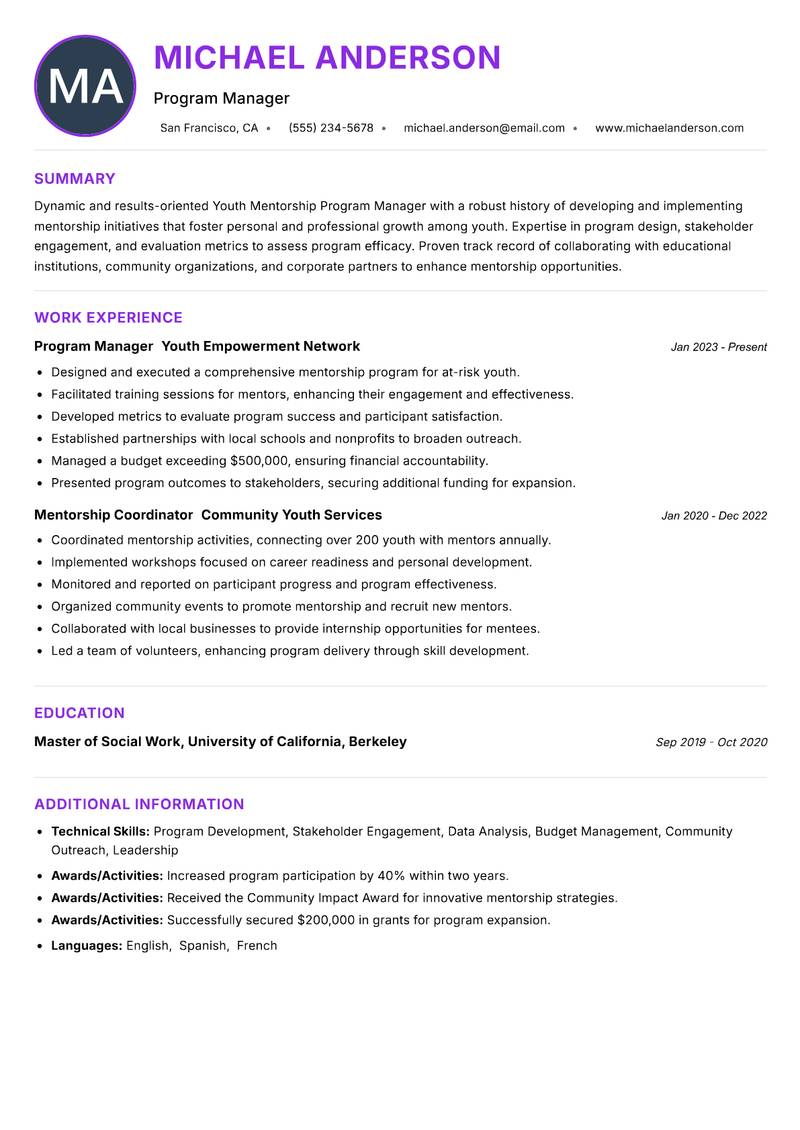 Youth Mentorship Program Manager resume example — ATS-friendly template