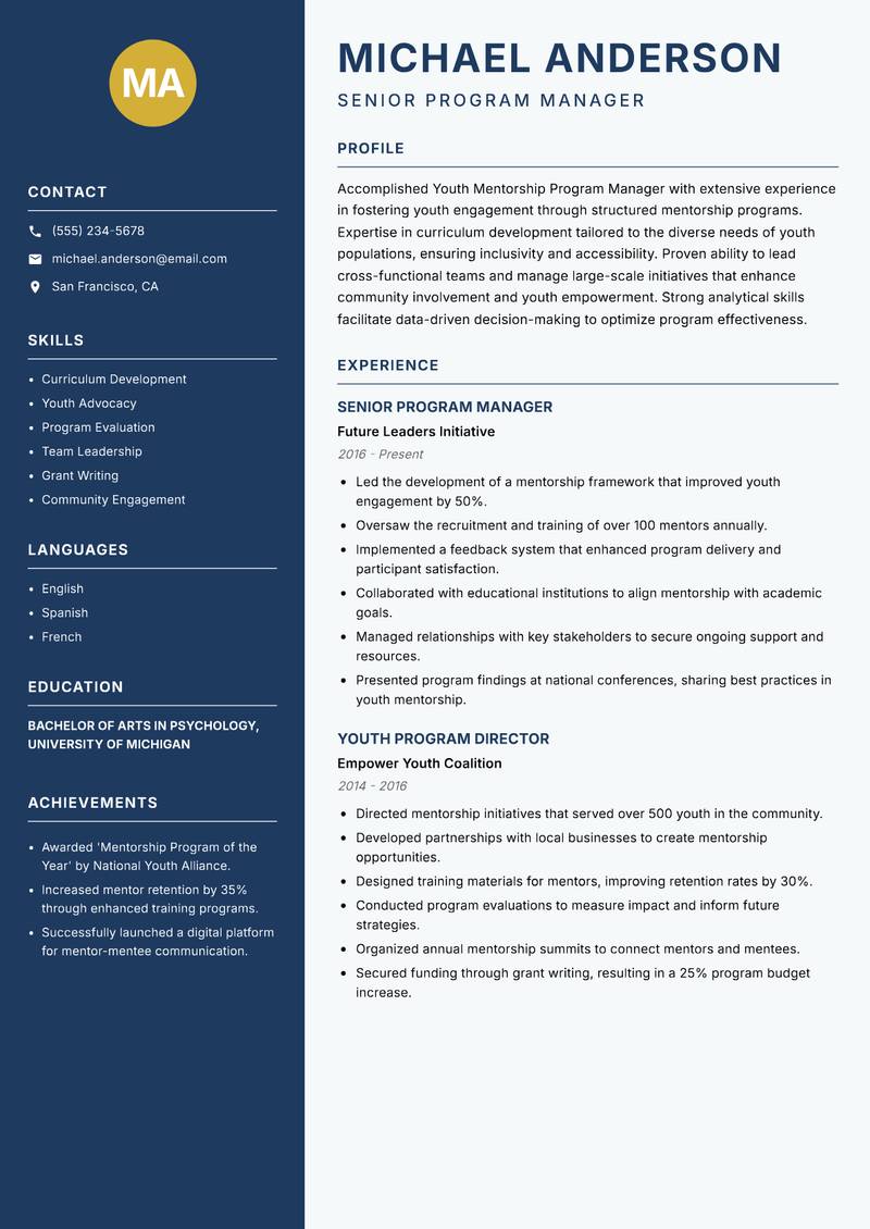Youth Mentorship Program Manager resume template — Classic Clean