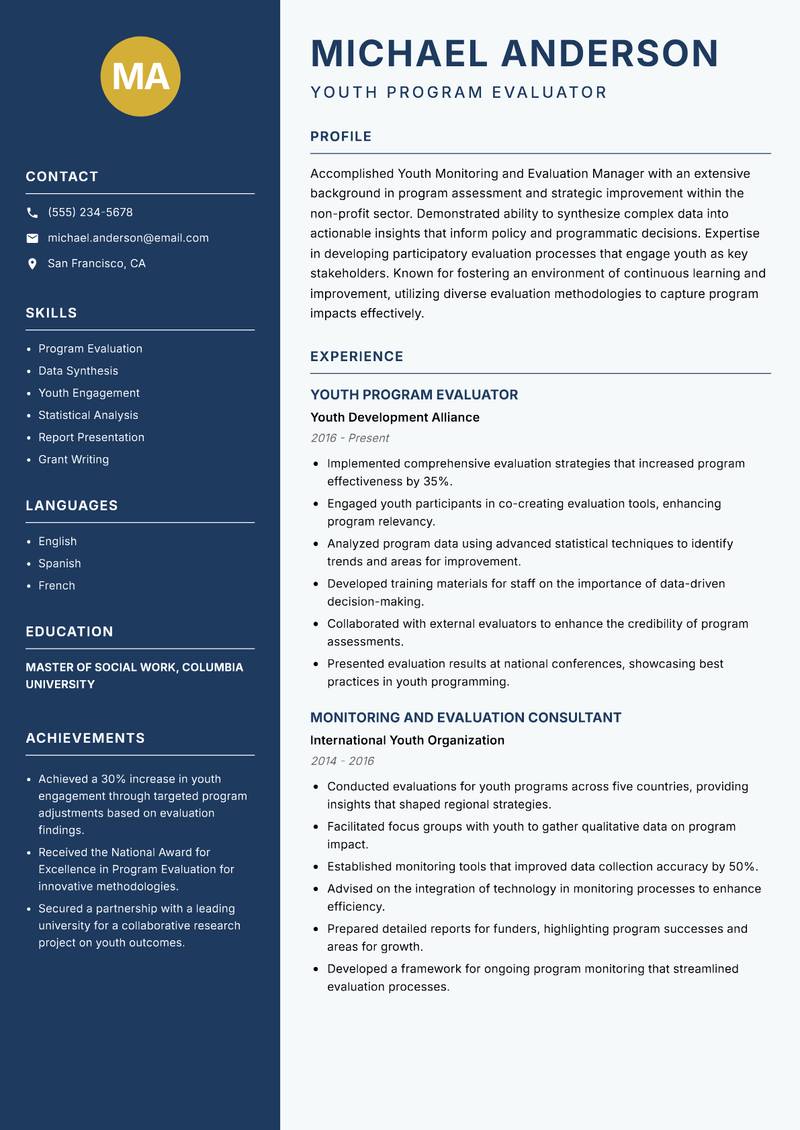 Youth Monitoring and Evaluation Manager resume template — Classic Clean