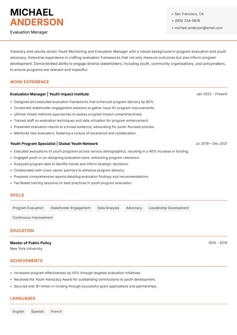 Youth Monitoring and Evaluation Manager resume template — Modern Professional