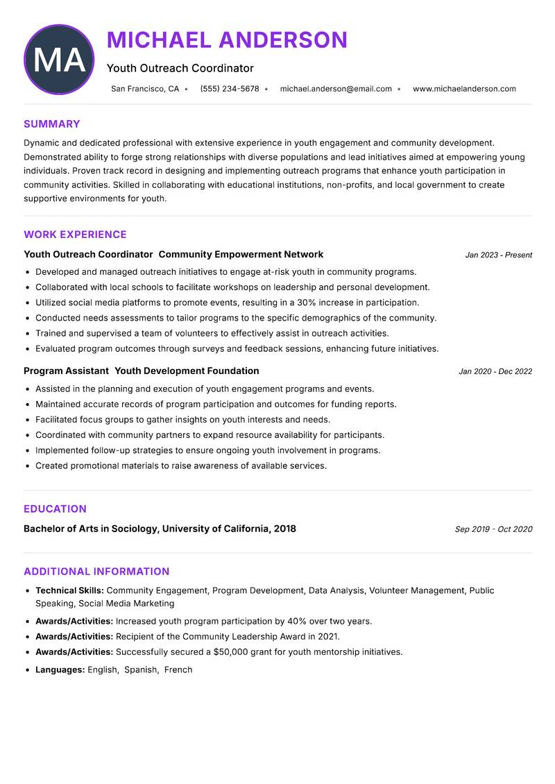 Youth Outreach Officer resume example — ATS-friendly template