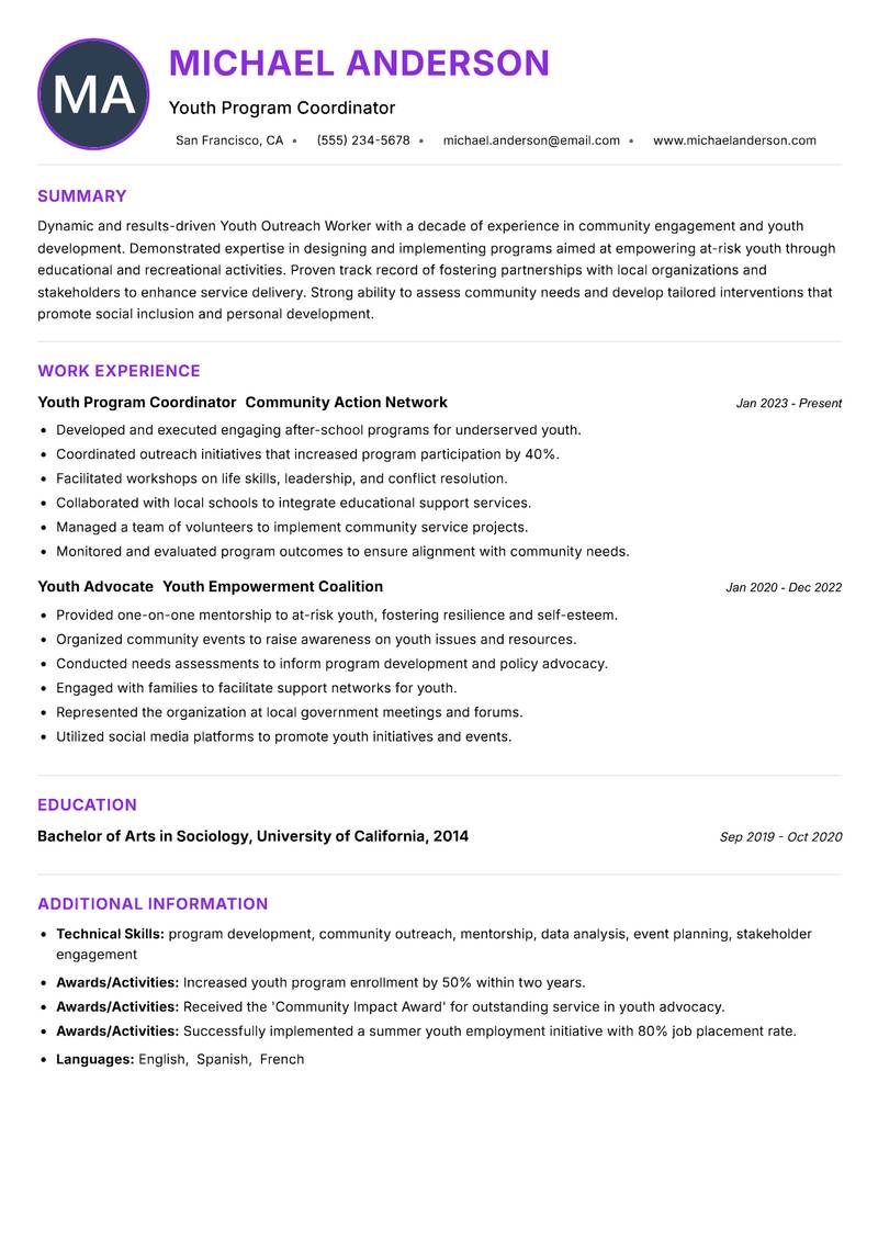 Youth Outreach Worker resume example — ATS-friendly template