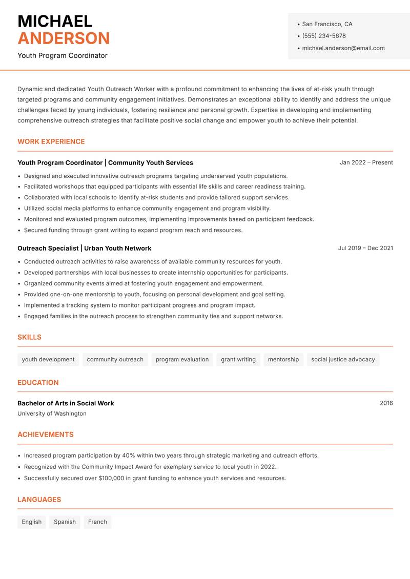 Youth Outreach Worker resume template — Modern Professional