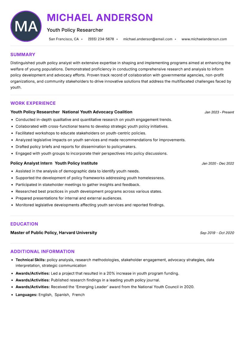 Youth Policy Analyst resume example — ATS-friendly template