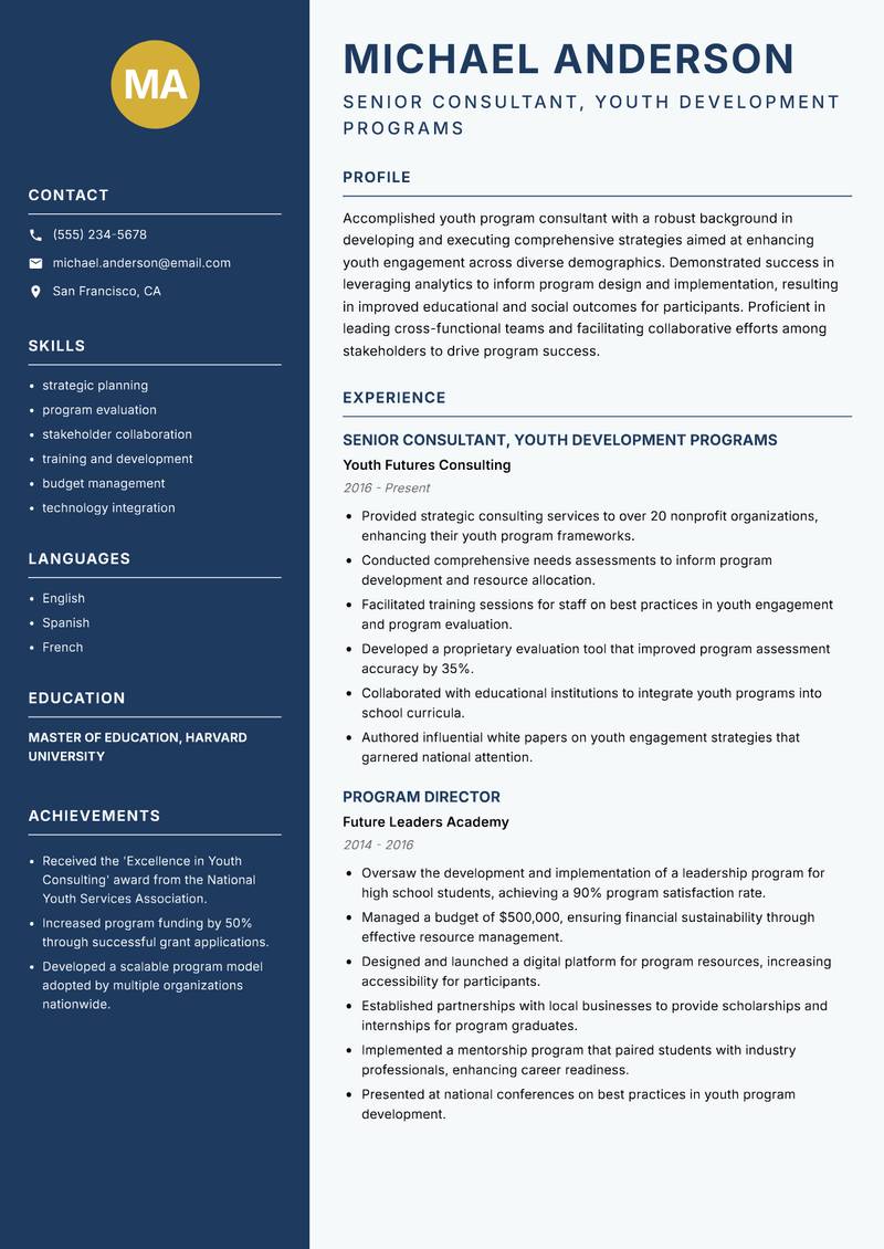Youth Program Consultant resume template — Classic Clean
