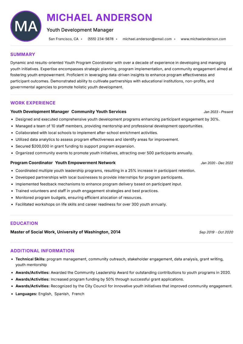 Youth Program Coordinator resume example — ATS-friendly template