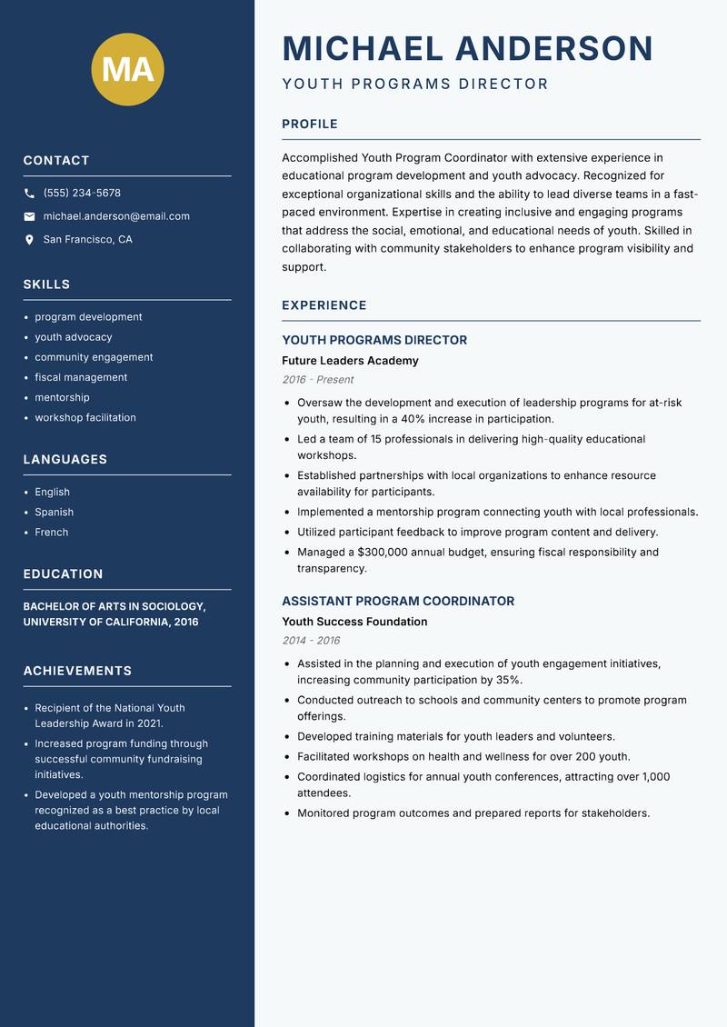 Youth Program Coordinator resume template — Classic Clean