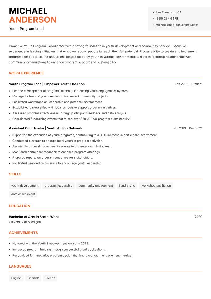 Youth Program Coordinator resume template — Modern Professional