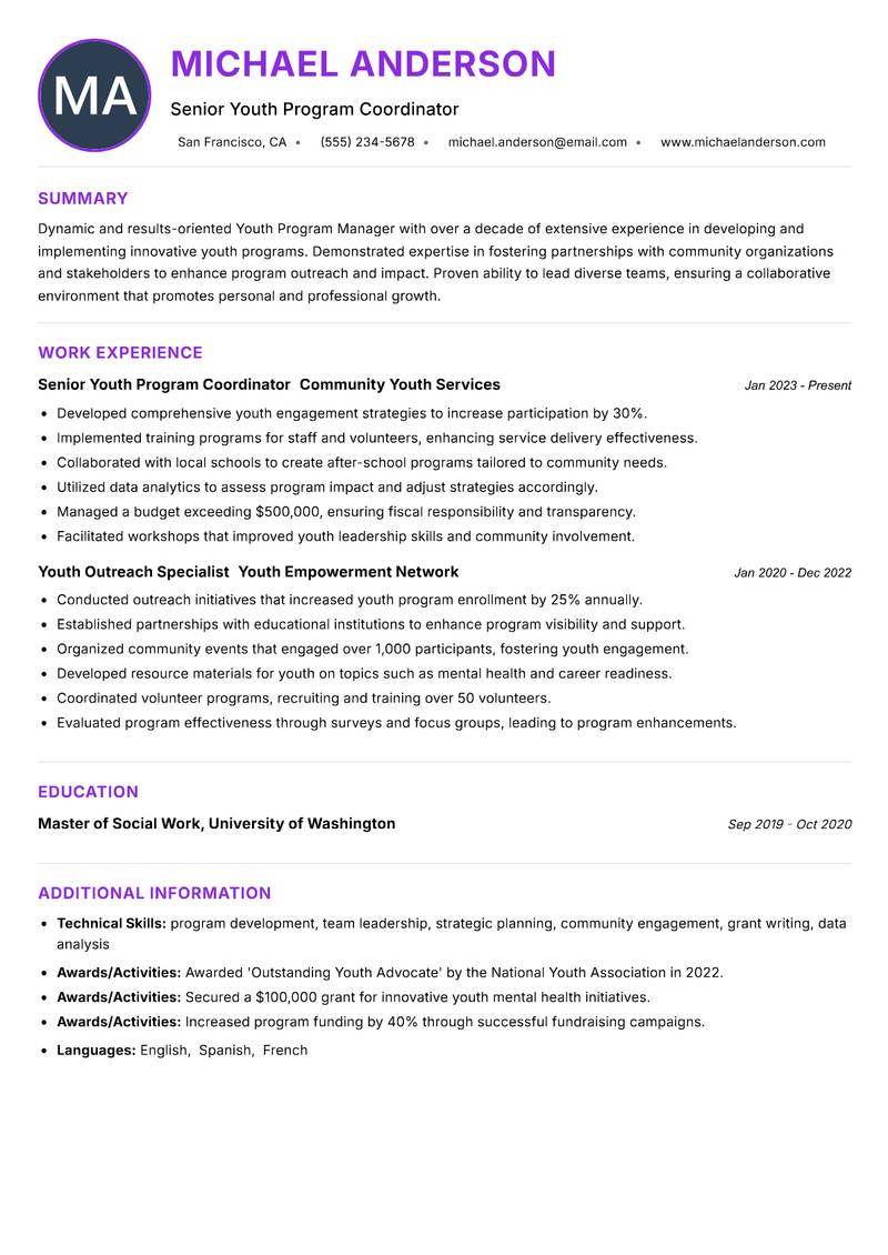 Youth Program Manager resume example — ATS-friendly template