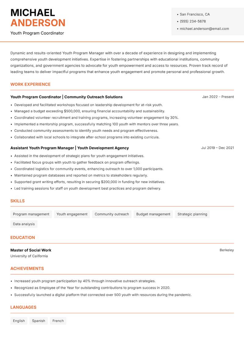 Youth Program Manager resume template — Modern Professional