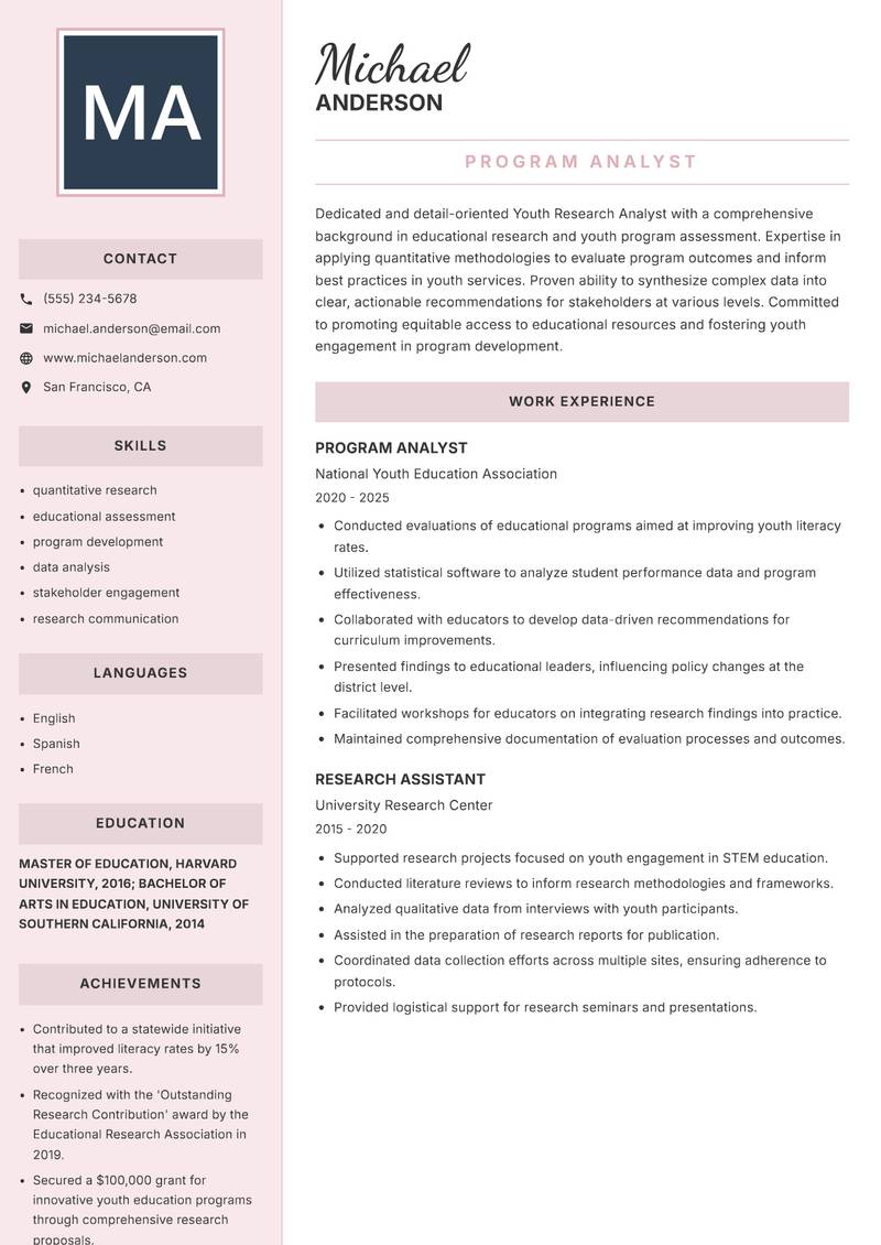 Youth Research Analyst resume template — Executive