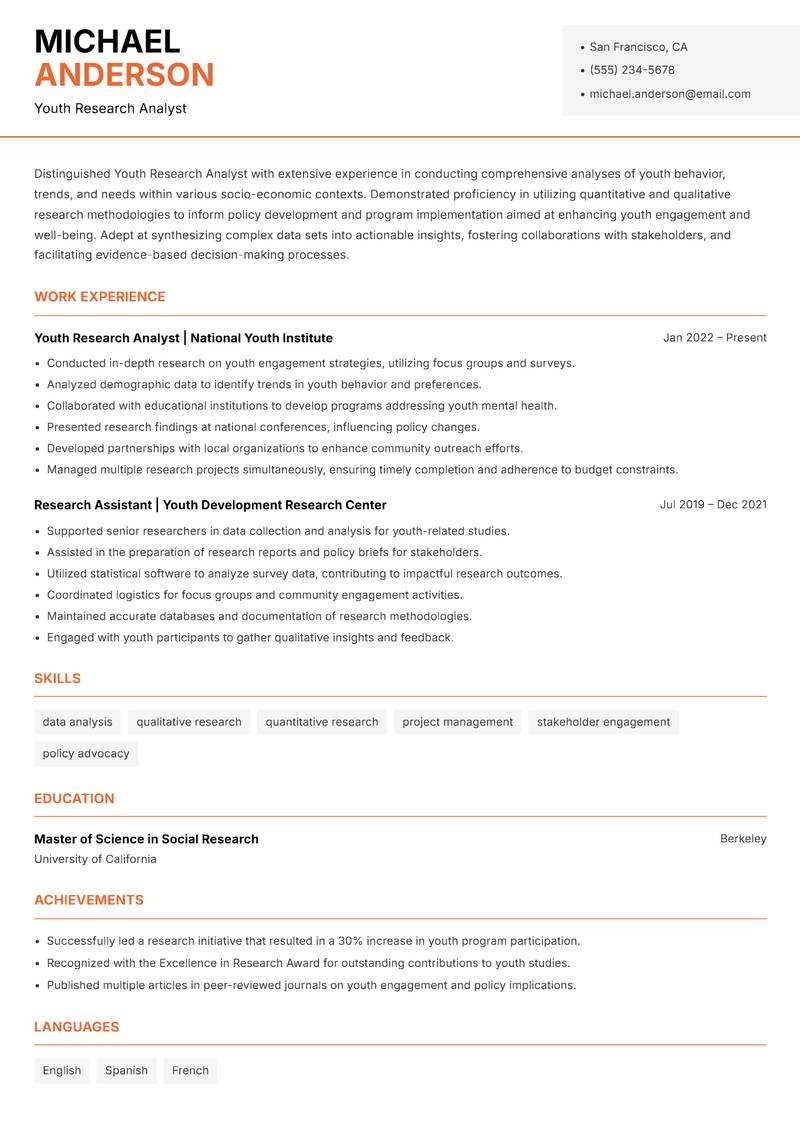 Youth Research Analyst resume template — Modern Professional