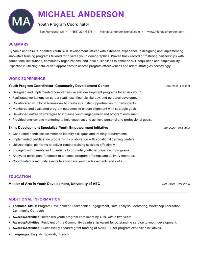 Youth Skill Development Officer resume example — ATS-friendly template