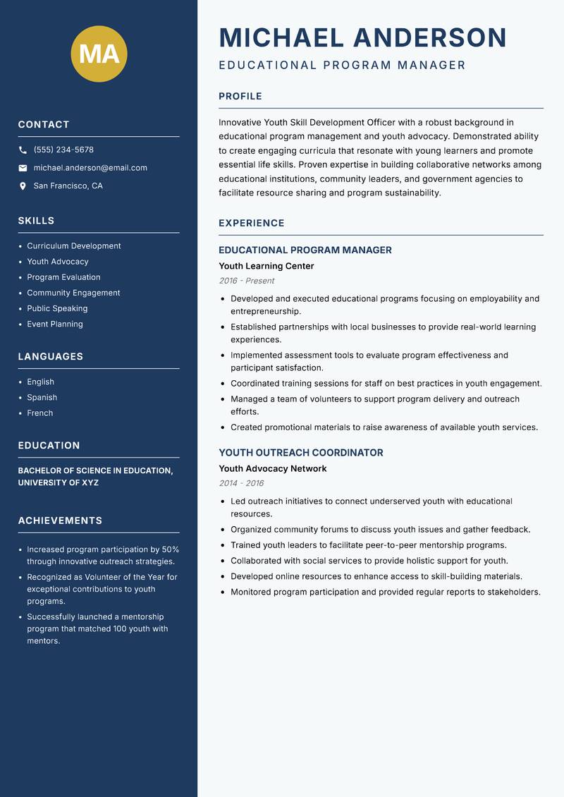 Youth Skill Development Officer resume template — Classic Clean