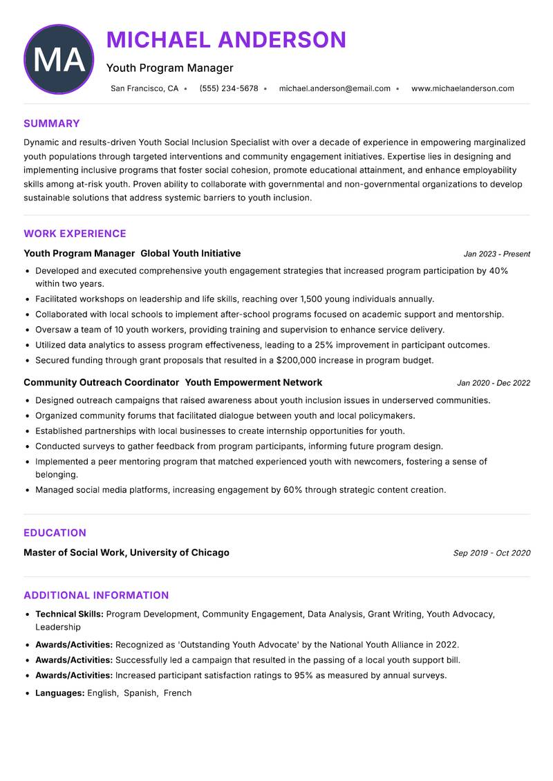 Youth Social Inclusion Specialist resume example — ATS-friendly template
