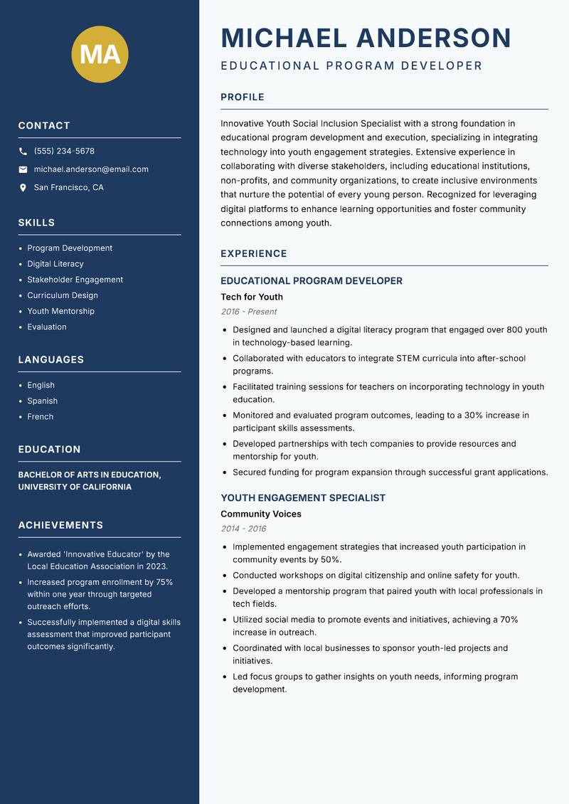 Youth Social Inclusion Specialist resume template — Classic Clean