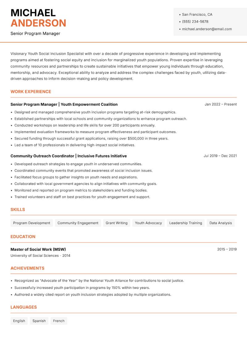 Youth Social Inclusion Specialist resume template — Modern Professional