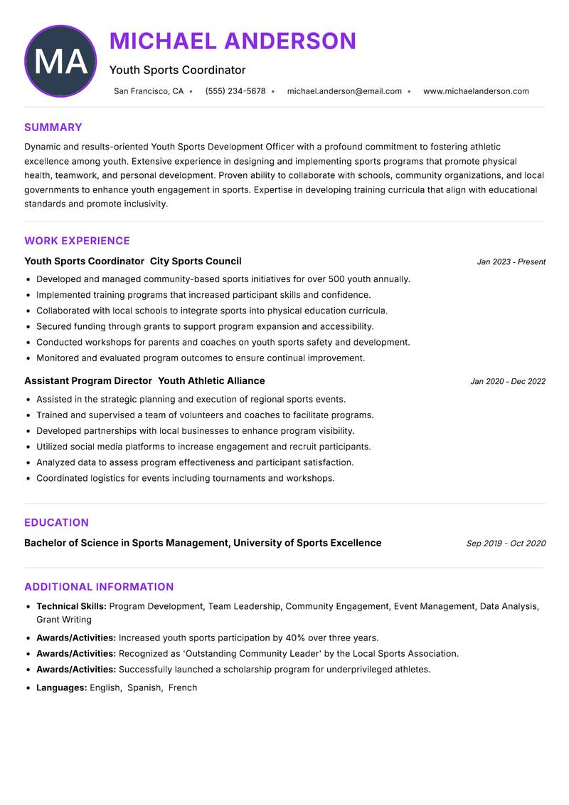 Youth Sports Development Officer resume example — ATS-friendly template