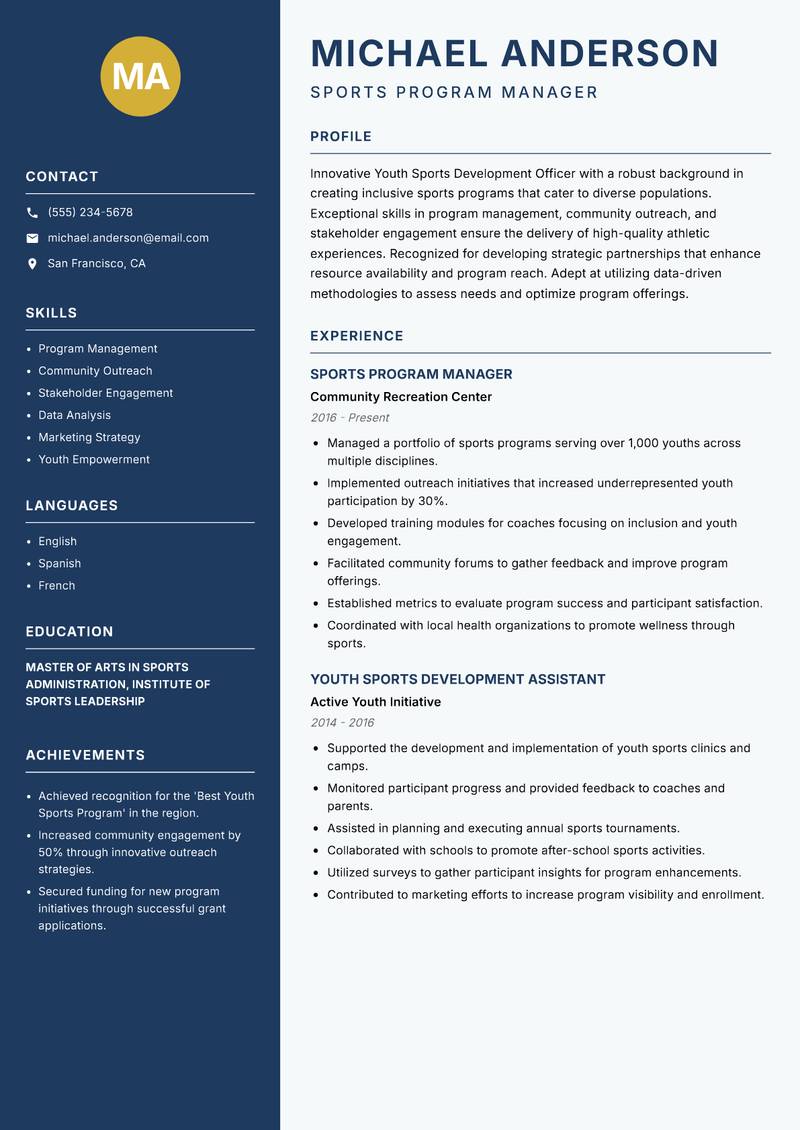Youth Sports Development Officer resume template — Classic Clean