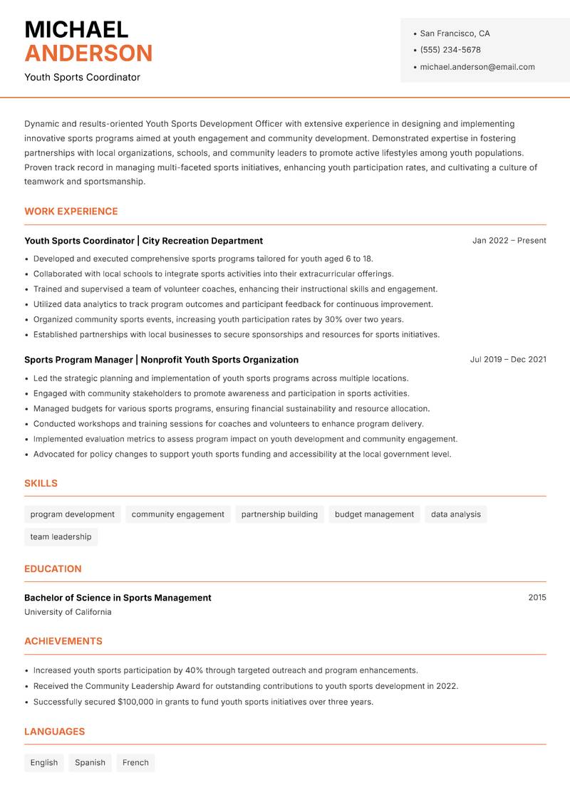 Youth Sports Development Officer resume template — Modern Professional